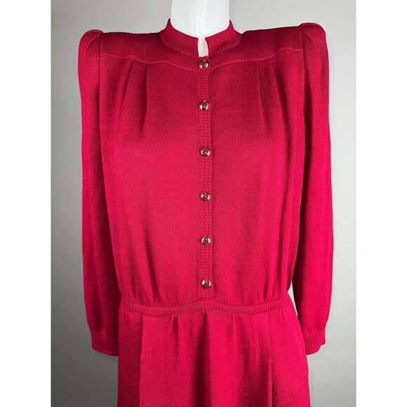 Vtg 80s St John Raspberry Red Santana Knit Button Dress Womens Sz 10 Wool Blend - Picture 6 of 9
